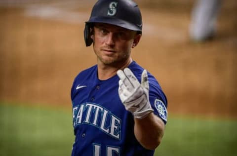 Aug 19, 2021; Arlington, Texas, USA; Seattle Mariners third baseman Kyle Seager (15) in action during the game between the Texas Rangers and the Seattle Mariners at Globe Life Field. Mandatory Credit: Jerome Miron-USA TODAY Sports