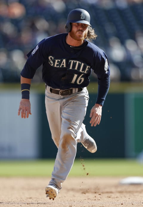 Apr 27, 2017; Detroit, MI, USA; Seattle Mariners right fielder Ben Gamel (16) runs to third base during the ninth inning against the Detroit Tigers at Comerica Park. Mandatory Credit: Raj Mehta-USA TODAY Sports