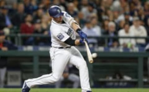 Jun 19, 2017; Seattle, WA, USA; Seattle Mariners catcher Mike Zunino (3) hits a two-run homer against the Detroit Tigers during the sixth inning at Safeco Field. Mandatory Credit: Joe Nicholson-USA TODAY Sports