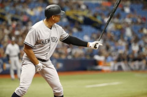 Jul 31, 2016; St. Petersburg, FL, USA; New York Yankees designated hitter Alex Rodriguez (13) at bat against the Tampa Bay Rays at Tropicana Field. Tampa Bay Rays defeated the New York Yankees 5-3. Mandatory Credit: Kim Klement-USA TODAY Sports