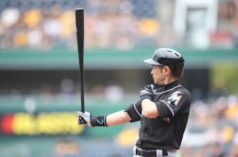 Aug 21, 2016; Pittsburgh, PA, USA; Miami Marlins right fielder Ichiro Suzuki (51) at bat against the Pittsburgh Pirates during the first inning at PNC Park. Mandatory Credit: Charles LeClaire-USA TODAY Sports