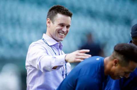 Aug 22, 2016; Seattle, WA, USA; Seattle Mariners general manager Jerry Dipoto laughs with one of his players during batting practice before a game against the New York Yankees at Safeco Field. Seattle defeated New York, 7-5. Mandatory Credit: Joe Nicholson-USA TODAY Sports