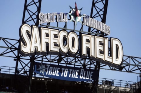 Aug 24, 2016; Seattle, WA, USA; Detail view of Safeco Field sign in left field prior to a game between the New York Yankees and Seattle Mariners. Mandatory Credit: Joe Nicholson-USA TODAY Sports