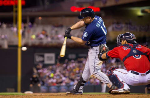 Sep 23, 2016; Minneapolis, MN, USA; Seattle Mariners third baseman Kyle Seager (15) doubles in the seventh inning against the Minnesota Twins at Target Field. Mandatory Credit: Brad Rempel-USA TODAY Sports