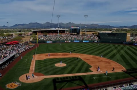 Mar 4, 2017; Salt River Pima-Maricopa, AZ, USA; General view of the game between the Colorado Rockies and the Seattle Mariners during a spring training game at Salt River Fields at Talking Stick. Mandatory Credit: Matt Kartozian-USA TODAY Sports