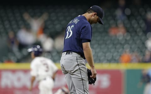 Apr 5, 2017; Houston, TX, USA; Seattle Mariners starting pitcher Chase De Jong (35) reacts after giving up a three run walk off game winning home run against the Houston Astros in the 13th inning at Minute Maid Park. Houston Astros won 5 to 3.Mandatory Credit: Thomas B. Shea-USA TODAY Sports