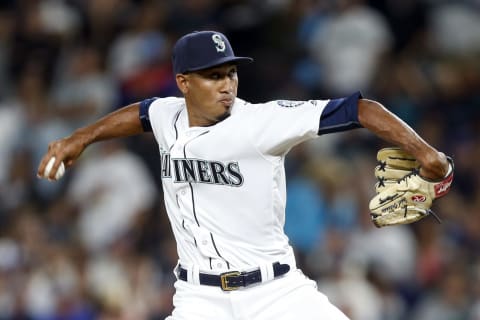 Aug 6, 2016; Seattle, WA, USA; Seattle Mariners relief pitcher Edwin Diaz (39) throws out a pitch against the Los Angeles Angels during the ninth inning at Safeco Field. Seattle won 8-6. Mandatory Credit: Jennifer Buchanan-USA TODAY Sports