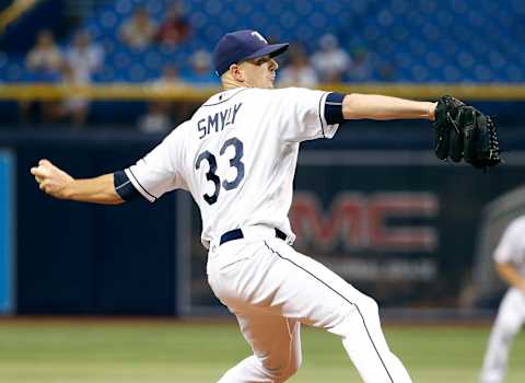 Sep 20, 2016; St. Petersburg, FL, USA; Tampa Bay Rays starting pitcher Drew Smyly (33) throws a pitch during the second inning against the New York Yankees at Tropicana Field. Mandatory Credit: Kim Klement-USA TODAY Sports