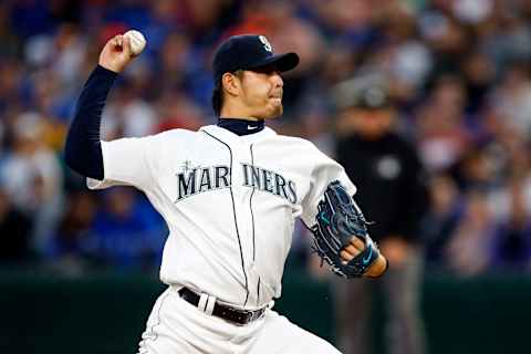 Sep 20, 2016; Seattle, WA, USA; Seattle Mariners starting pitcher Hisashi Iwakuma (18) throws against the Toronto Blue Jays during the first inning at Safeco Field. Mandatory Credit: Joe Nicholson-USA TODAY Sports