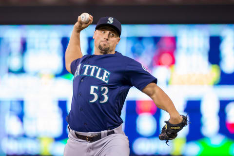 Sep 23, 2016; Minneapolis, MN, USA; Seattle Mariners relief pitcher Dan Altavilla (53) pitches in the eighth inning against the Minnesota Twins at Target Field. The Seattle Mariners beat the Minnesota Twins 10-1. Mandatory Credit: Brad Rempel-USA TODAY Sports