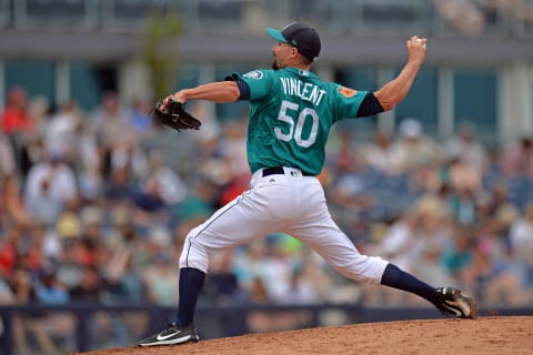 Mar 22, 2017; Peoria, AZ, USA; Seattle Mariners relief pitcher Nick Vincent (50) pitches during the fourth inning against the Los Angeles Angels at Peoria Stadium. Mandatory Credit: Jake Roth-USA TODAY Sports