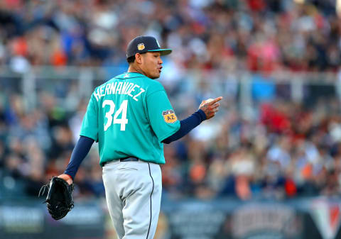 Mar 23, 2017; Scottsdale, AZ, USA; Seattle Mariners pitcher Felix Hernandez reacts against the San Francisco Giants during a Cactus League spring training game at Scottsdale Stadium. Mandatory Credit: Mark J. Rebilas-USA TODAY Sports