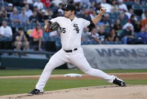 Aug 11, 2015; Chicago, IL, USA; Chicago White Sox starting pitcher Carlos Rodon (55) delivers a pitch against the Los Angeles Angels during the first inning at U.S Cellular Field. Mandatory Credit: Kamil Krzaczynski-USA TODAY Sports