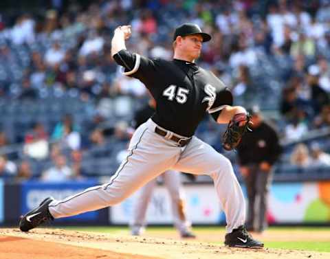 Sep 27, 2015; Bronx, NY, USA; Chicago White Sox starting pitcher Erik Johnson (45) pitches against the New York Yankees in the first inning at Yankee Stadium. Mandatory Credit: Andy Marlin-USA TODAY Sports