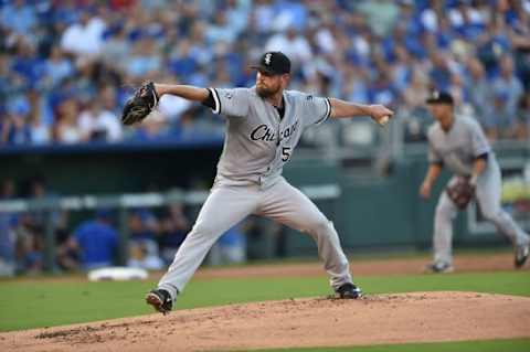 Aug 7, 2015; Kansas City, MO, USA; Chicago White Sox pitcher John Danks (50) delivers a pitch against the Kansas City Royals during the first inning at Kauffman Stadium. Mandatory Credit: Peter G. Aiken-USA TODAY Sports