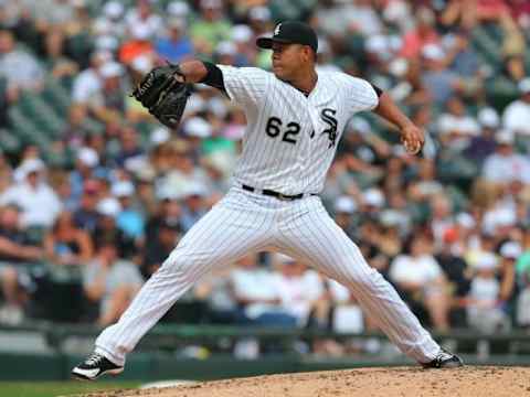 Aug 30, 2015; Chicago, IL, USA; Chicago White Sox starting pitcher Jose Quintana (62) delivers a pitch during the fourth inning against the Seattle Mariners at U.S Cellular Field. Mandatory Credit: Dennis Wierzbicki-USA TODAY Sports