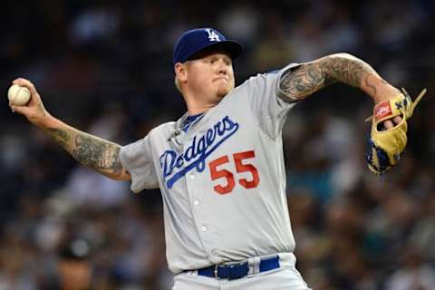 Sep 3, 2015; San Diego, CA, USA; Los Angeles Dodgers starting pitcher Mat Latos (55) pitches during the first inning against the San Diego Padres at Petco Park. Mandatory Credit: Jake Roth-USA TODAY Sports