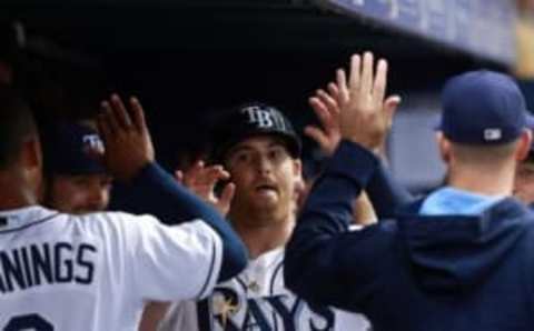 Apr 16, 2016; St. Petersburg, FL, USA; Tampa Bay Rays shortstop Brad Miller (13) is congratulated in the dugout after he hit a 2-run home run during the fourth inning against the Chicago White Sox at Tropicana Field. Mandatory Credit: Kim Klement-USA TODAY Sports