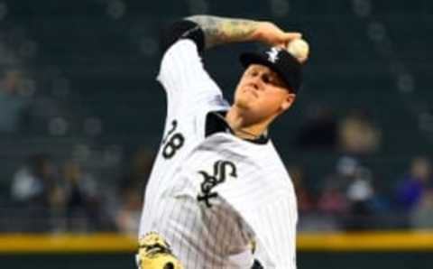 Apr 19, 2016; Chicago, IL, USA; Chicago White Sox starting pitcher Mat Latos (38) throws a pitch against the Los Angeles Angels during the first inning at U.S. Cellular Field. Mandatory Credit: Mike DiNovo-USA TODAY Sports