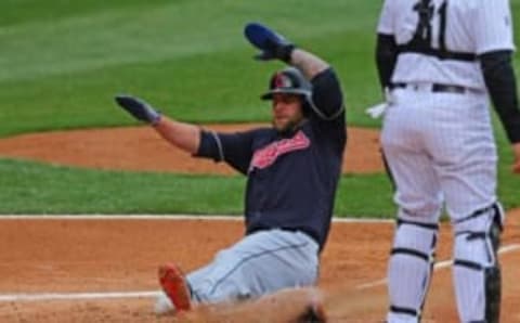 Apr 8, 2016; Chicago, IL, USA; Cleveland Indians first baseman Mike Napoli (26) scores a run during the first inning against the Chicago White Sox at U.S. Cellular Field. Mandatory Credit: Dennis Wierzbicki-USA TODAY Sports