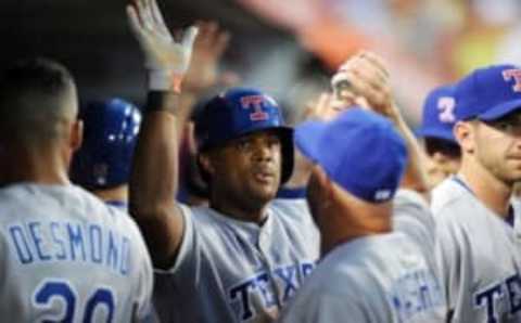 July 20, 2016; Anaheim, CA, USA; Texas Rangers third baseman Adrian Beltre (29) celebrates after scoring a run in the third inning against Los Angeles Angels at Angel Stadium of Anaheim. Mandatory Credit: Gary A. Vasquez-USA TODAY Sports