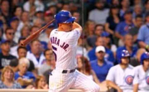 Jun 21, 2016; Chicago, IL, USA; Chicago Cubs left fielder Albert Almora Jr. (5) hits in a run during the fourth inning against the St. Louis Cardinals at Wrigley Field. Mandatory Credit: Caylor Arnold-USA TODAY Sports