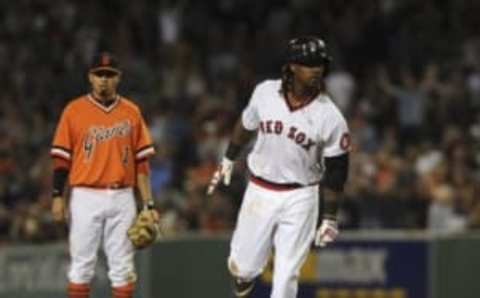 Jul 20, 2016; Boston, MA, USA; Boston Red Sox first baseman Hanley Ramirez (13) rounds the bases after hitting a two run home run during the sixth inning against the San Francisco Giants at Fenway Park. Mandatory Credit: Bob DeChiara-USA TODAY Sports