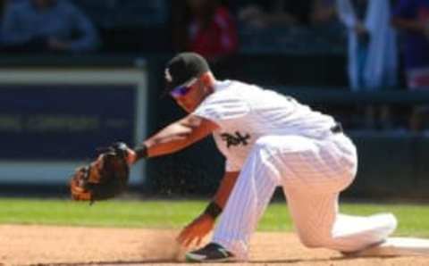 Jul 9, 2016; Chicago, IL, USA; Chicago White Sox first baseman Jose Abreu (79) records the final put out of the game during the ninth inning against the Atlanta Braves at U.S. Cellular Field. Chicago won 5-4. Mandatory Credit: Dennis Wierzbicki-USA TODAY Sports