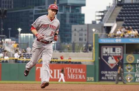 May 5, 2015; Pittsburgh, PA, USA; Cincinnati Reds third baseman Todd Frazier (21) rounds the bases after hitting a solo home run against the Pittsburgh Pirates during the second inning at PNC Park. Mandatory Credit: Charles LeClaire-USA TODAY Sports