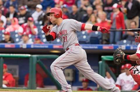 Jun 4, 2015; Philadelphia, PA, USA; Cincinnati Reds third baseman Todd Frazier (21) hits an RBI double against the Philadelphia Phillies during the first inning at Citizens Bank Park. Mandatory Credit: Bill Streicher-USA TODAY Sports