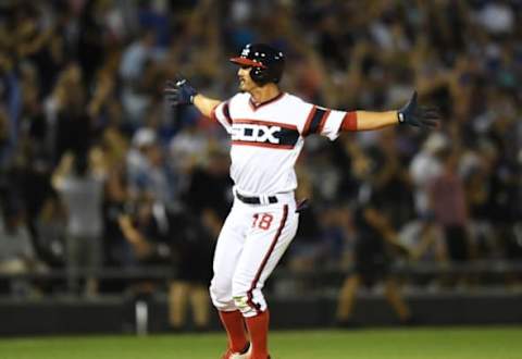 Jul 25, 2016; Chicago, IL, USA; Chicago White Sox second baseman Tyler Saladino celebrates after his game winning single RBI against the Chicago Cubs at U.S. Cellular Field. White Sox won 5-4. Mandatory Credit: Patrick Gorski-USA TODAY Sports