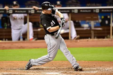 Aug 12, 2016; Miami, FL, USA; Chicago White Sox third baseman Todd Frazier (21) connects for a double during the fifth inning against the Miami Marlins at Marlins Park. Mandatory Credit: Steve Mitchell-USA TODAY Sports