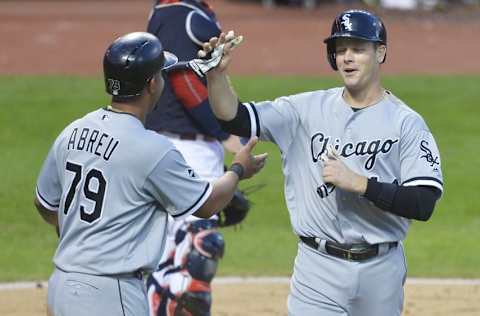 Aug 17, 2016; Cleveland, OH, USA; Chicago White Sox designated hitter Justin Morneau (44) and first baseman 