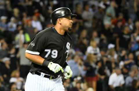 Aug 23, 2016; Chicago, IL, USA; Chicago White Sox first baseman Jose Abreu (79) hits a two run home run against the Philadelphia Phillies during the fifth inning at U.S. Cellular Field. Mandatory Credit: Mike DiNovo-USA TODAY Sports