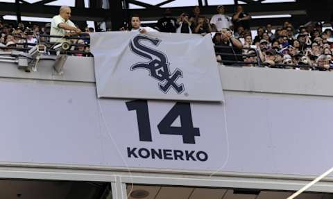 May 23, 2015; Chicago, IL, USA; The number of Paul Konerko is unveiled on a wall during the day that his number was retired at U.S Cellular Field. Mandatory Credit: Matt Marton-USA TODAY Sports