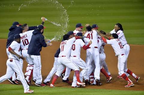 Jun 2, 2016; Cleveland, OH, USA; The Cleveland Indians celebrate a 5-4 walk-off win over the Kansas City Royals at Progressive Field. Mandatory Credit: David Richard-USA TODAY Sports