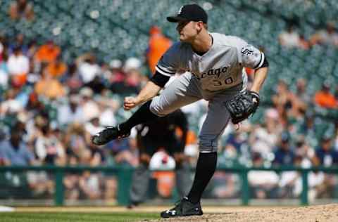 Aug 4, 2016; Detroit, MI, USA; Chicago White Sox relief pitcher David Robertson (30) pitches in the ninth inning against the Detroit Tigers at Comerica Park. Chicago won 6-3. Mandatory Credit: Rick Osentoski-USA TODAY Sports