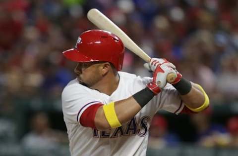 Sep 2, 2016; Arlington, TX, USA; Texas Rangers right fielder Carlos Beltran (36) prepares to swing as a pitch is delived at Globe Life Park in Arlington. Mandatory Credit: Sean Pokorny-USA TODAY Sports