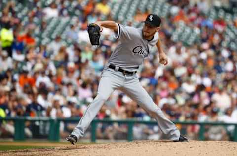 Aug 31, 2016; Detroit, MI, USA; Chicago White Sox starting pitcher Chris Sale (49) pitches against the Detroit Tigers at Comerica Park. Mandatory Credit: Rick Osentoski-USA TODAY Sports