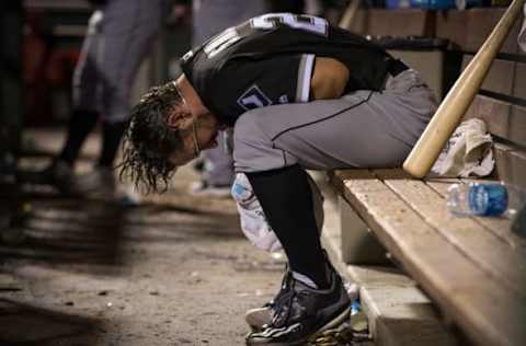 Sep 20, 2016; Philadelphia, PA, USA; Chicago White Sox starting pitcher James Shields (25) reacts in the dugout after being pulled during the sixth inning against the Philadelphia Phillies at Citizens Bank Park. The Philadelphia Phillies won 7-6. Mandatory Credit: Bill Streicher-USA TODAY Sports