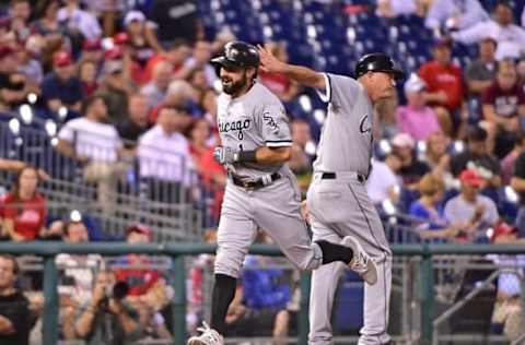 Sep 21, 2016; Philadelphia, PA, USA; Chicago White Sox right fielder Adam Eaton (1) gets congratulations from third base coach Joe McEwing (47) after hitting a solo home run during the first inning against the Philadelphia Phillies at Citizens Bank Park. Mandatory Credit: Eric Hartline-USA TODAY Sports