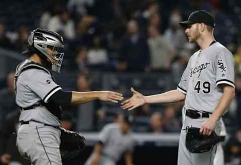 May 13, 2016; Bronx, NY, USA; Chicago White Sox shakes hands with starting pitcher Chris Sale (49) after defeating the New York Yankees 7-1 at Yankee Stadium. Mandatory Credit: Noah K. Murray-USA TODAY Sports