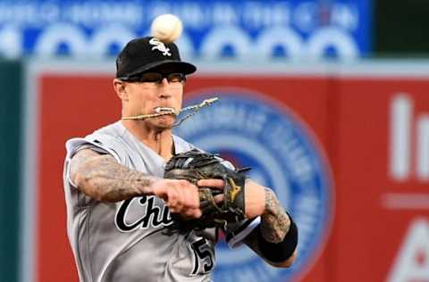 Jul 15, 2016; Anaheim, CA, USA; Chicago White Sox second baseman Brett Lawrie (15) throws to first base to complete a double play in the second inning of the game against the Los Angeles Angels at Angel Stadium of Anaheim. Mandatory Credit: Jayne Kamin-Oncea-USA TODAY Sports