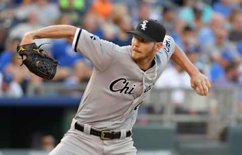 Aug 9, 2016; Kansas City, MO, USA; Chicago White Sox starting pitcher Chris Sale (49) delivers a pitch in the first inning against the Kansas City Royals at Kauffman Stadium. Mandatory Credit: Denny Medley-USA TODAY Sports