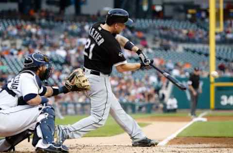 Aug 30, 2016; Detroit, MI, USA; Chicago White Sox third baseman Todd Frazier (21) hits a two run home run in the second inning against the Detroit Tigers at Comerica Park. Mandatory Credit: Rick Osentoski-USA TODAY Sports