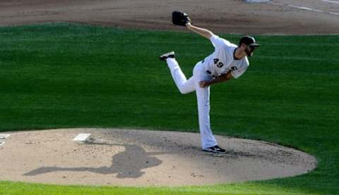 Sep 5, 2016; Chicago, IL, USA; Chicago White Sox starting pitcher Chris Sale (49) delivers in the third inning against the Detroit Tigers at U.S. Cellular Field. Mandatory Credit: Matt Marton-USA TODAY Sports