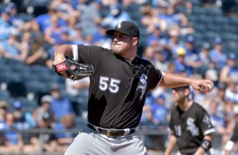 Sep 19, 2016; Kansas City, MO, USA; Chicago White Sox starting pitcher Carlos Rodon (55) delivers a pitch in the first inning against the Kansas City Royals at Kauffman Stadium. Mandatory Credit: Denny Medley-USA TODAY Sports