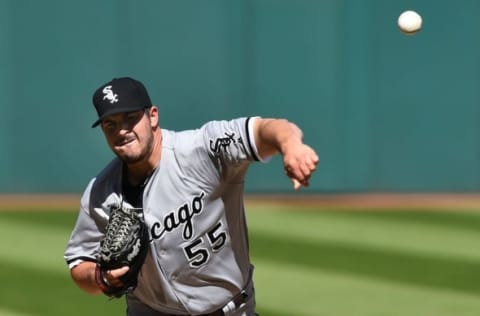 Sep 25, 2016; Cleveland, OH, USA; Chicago White Sox starting pitcher Carlos Rodon (55) throws a pitch during the first inning against the Chicago White Sox at Progressive Field. Mandatory Credit: Ken Blaze-USA TODAY Sports