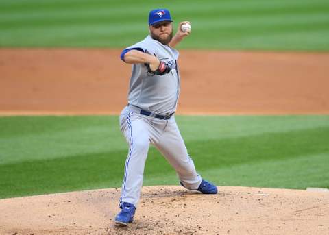 Jul 6, 2015; Chicago, IL, USA; Toronto Blue Jays starting pitcher Mark Buehrle (56) pitches during the first inning against the Chicago White Sox at U.S Cellular Field. Mandatory Credit: Caylor Arnold-USA TODAY Sports