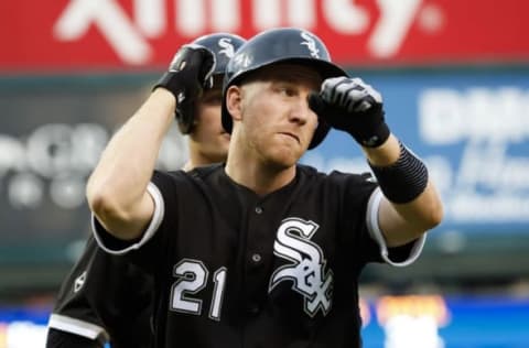 Aug 30, 2016; Detroit, MI, USA; Chicago White Sox third baseman Todd Frazier (21) celebrates his hits a two run home run in the second inning against the Detroit Tigers at Comerica Park. Mandatory Credit: Rick Osentoski-USA TODAY Sports